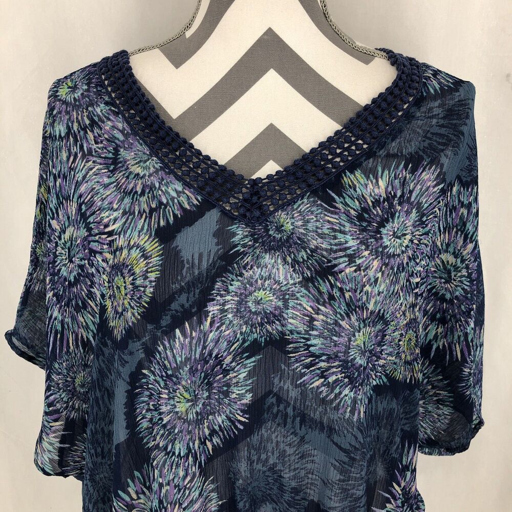 A.N.A New Approach Floral Semi Sheer Top Crochet Neck Blouse 1X